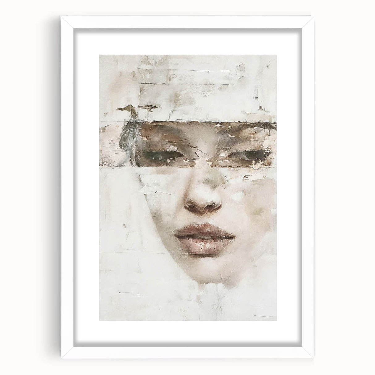 Abstract figurative wall art framed with a white mat, showcasing vibrant colors and dynamic shapes, perfect for modern home decor and artistic interiors.