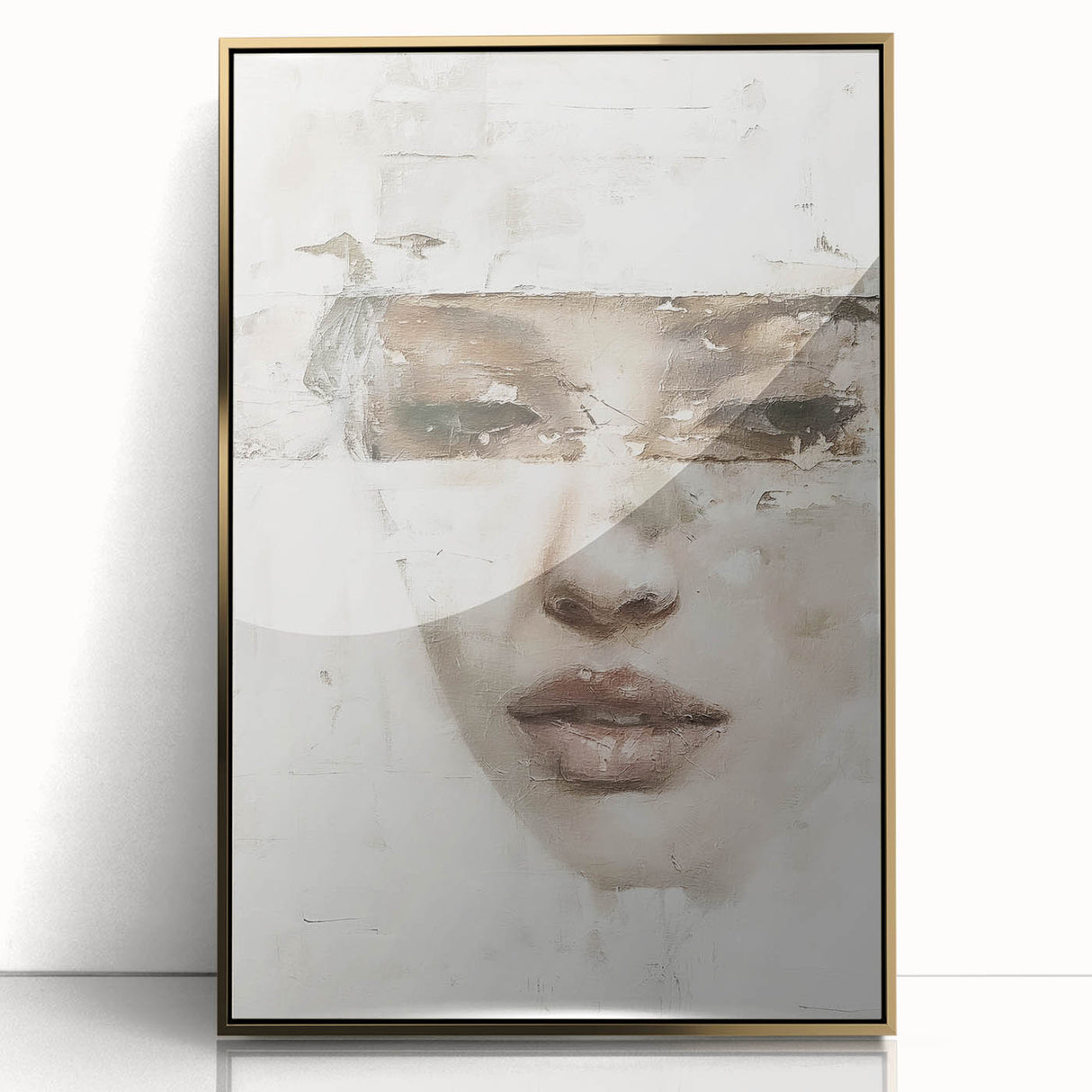 Abstract figurative wall art in a sleek gold frame, showcasing vibrant colors and dynamic shapes, perfect for modern home decor or office spaces.