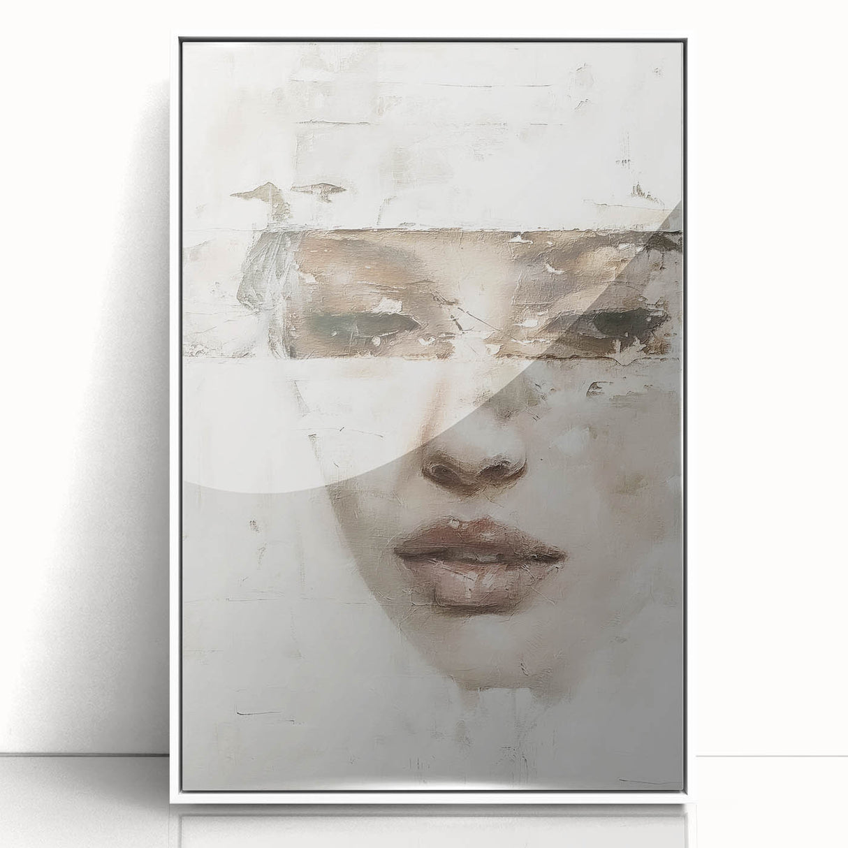 Abstract figurative wall art featuring vibrant colors and dynamic shapes, framed in white acrylic, perfect for modern home decor and artistic expression.