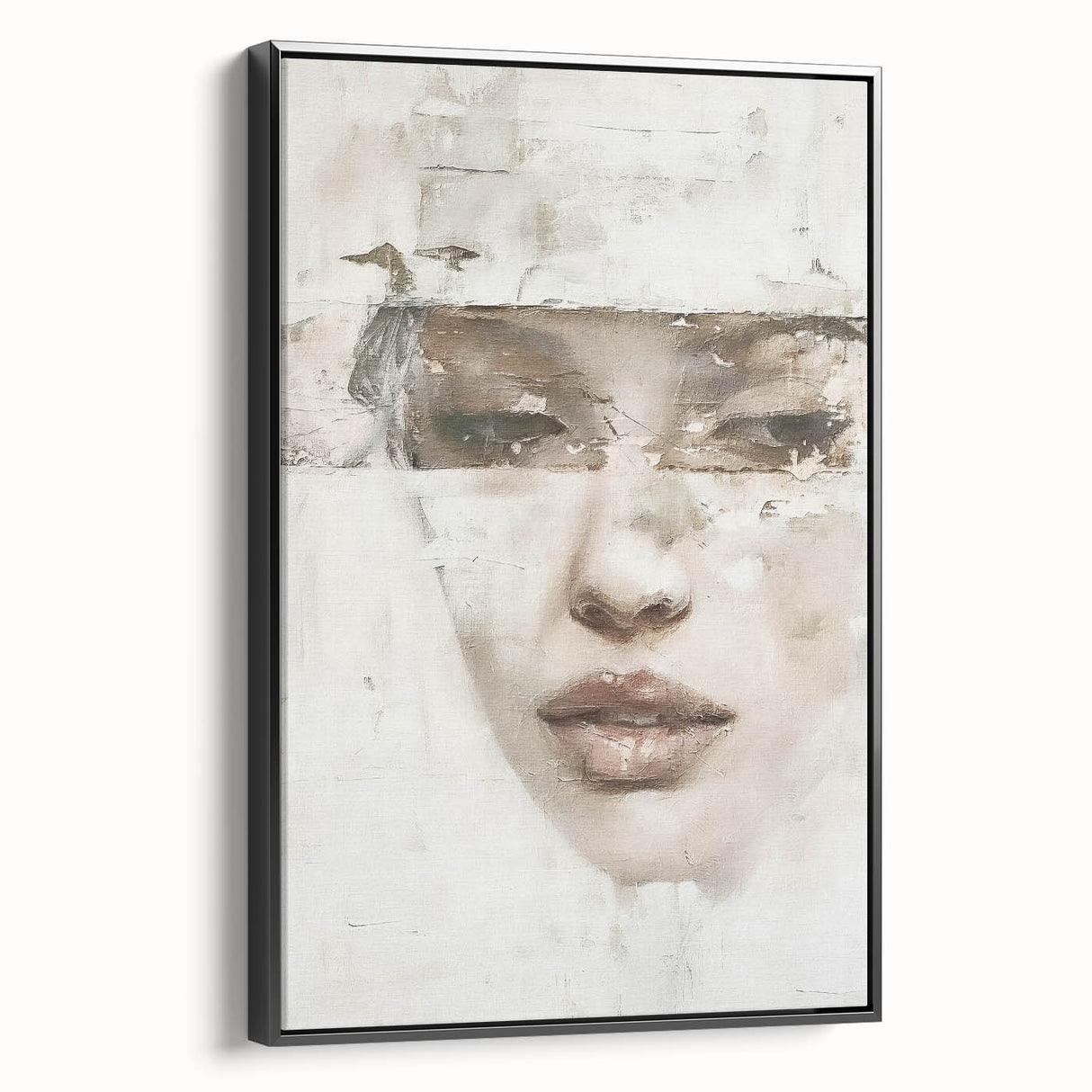 Framed abstract figurative wall art in black, showcasing unique shapes and textures, ideal for modern home decor, displayed in a side view setting.