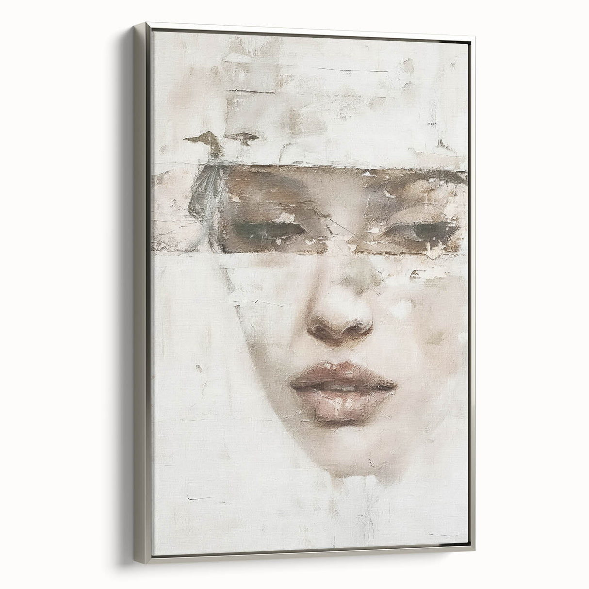 Framed abstract figurative wall art on canvas, showcasing a captivating silver side view with dynamic shapes and textures, perfect for modern home decor.