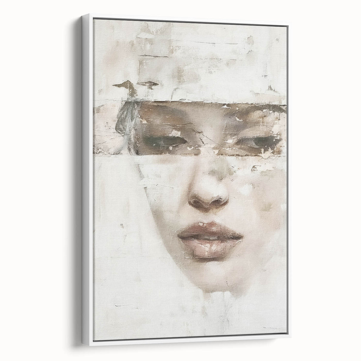 Abstract figurative wall art in a sleek white frame, showcasing vibrant colors and dynamic shapes, perfect for modern home decor. Side view highlights its elegant design.