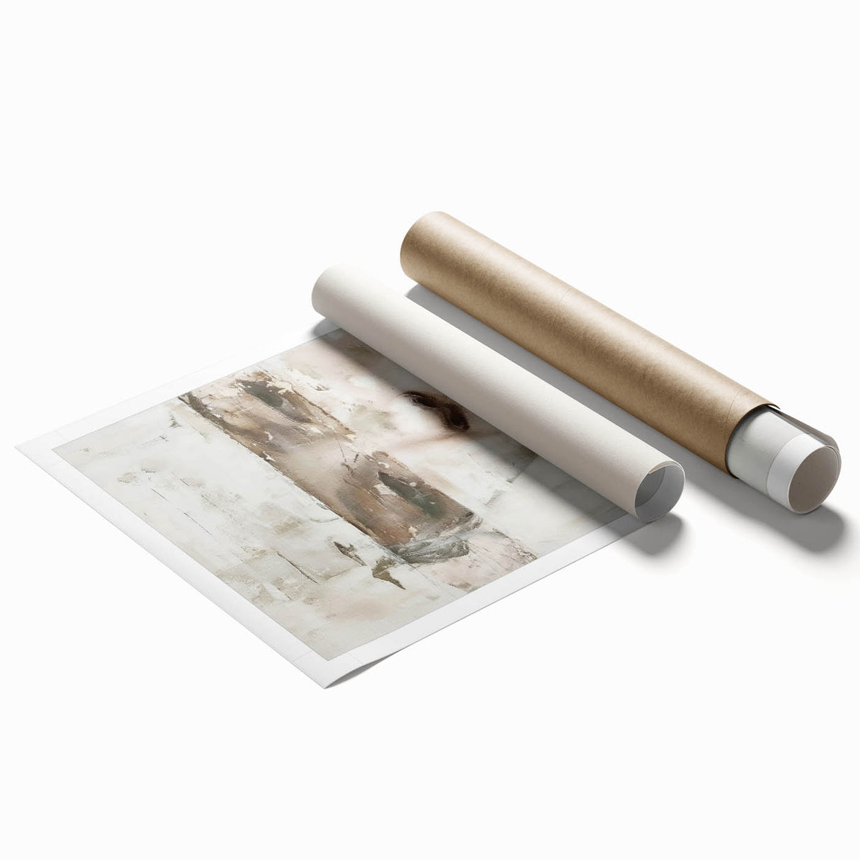 Abstract figurative wall art print showcasing vibrant colors and dynamic shapes, rolled and ready for display in a protective cardboard tube. Ideal for modern decor.
