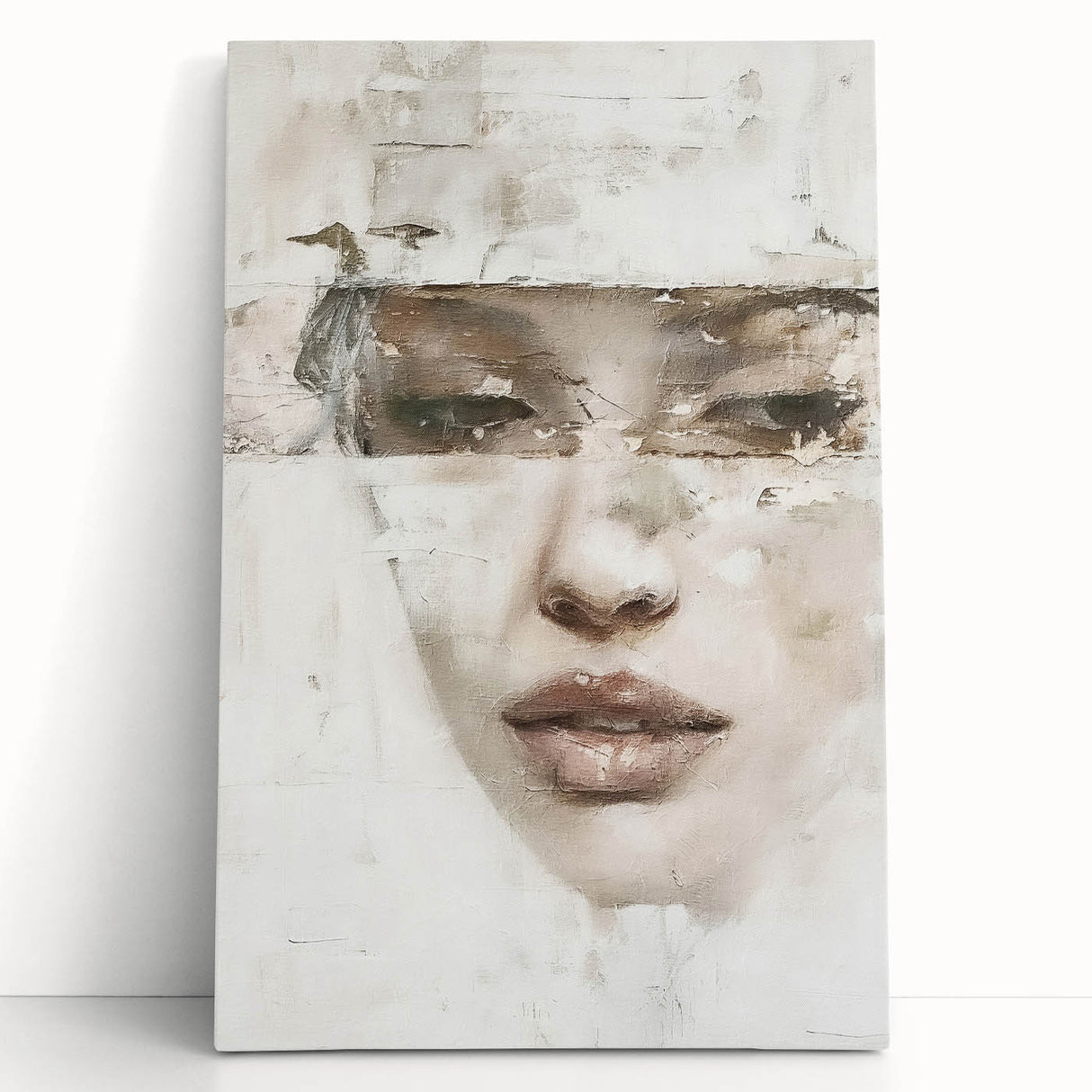 Abstract figurative wall art on stretched canvas, showcasing vibrant colors and dynamic shapes, leaning against a neutral wall, perfect for modern decor.