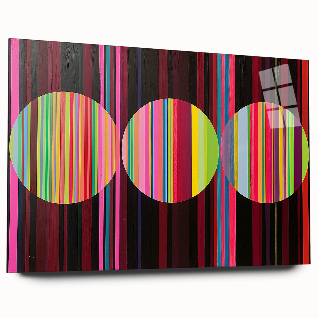 Abstract geometric acrylic glass art piece in vibrant colors, showcasing a dynamic side view with sharp angles and smooth edges, perfect for modern decor.
