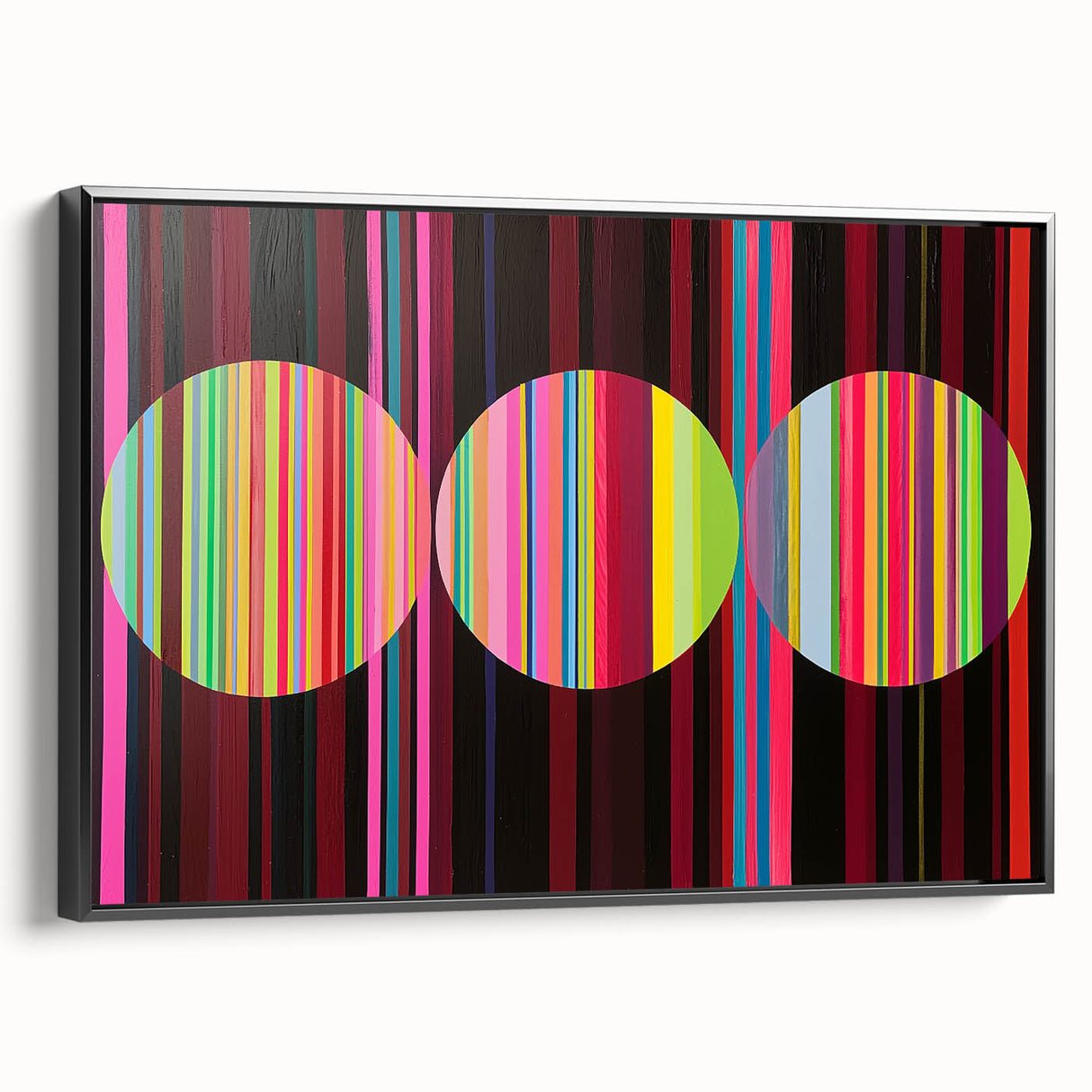 Framed abstract geometric canvas artwork with a sleek black border, showcasing intricate shapes and patterns, ideal for modern home decor. Perfect for adding a contemporary touch to living spaces.