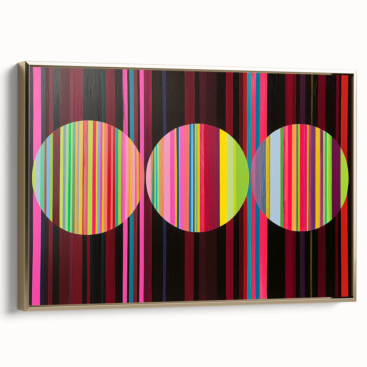 Framed abstract geometric canvas artwork in gold tones, showcasing a modern design with a sleek side view, perfect for contemporary home decor.