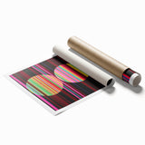 Abstract geometric rolled print showcasing vibrant colors and bold shapes, elegantly packaged in a sturdy cardboard tube, perfect for modern home decor.