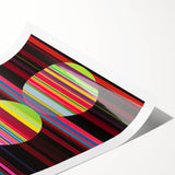 Abstract geometric rolled print showcasing vibrant blue, orange, and yellow shapes, ideal for modern home decor, presented in a protective cardboard tube.