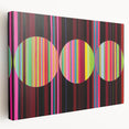 Abstract geometric stretched canvas artwork showcasing vibrant colors and intricate shapes, ideal for modern home decor. Side view highlights the canvas edges and texture, perfect for enhancing interior spaces.