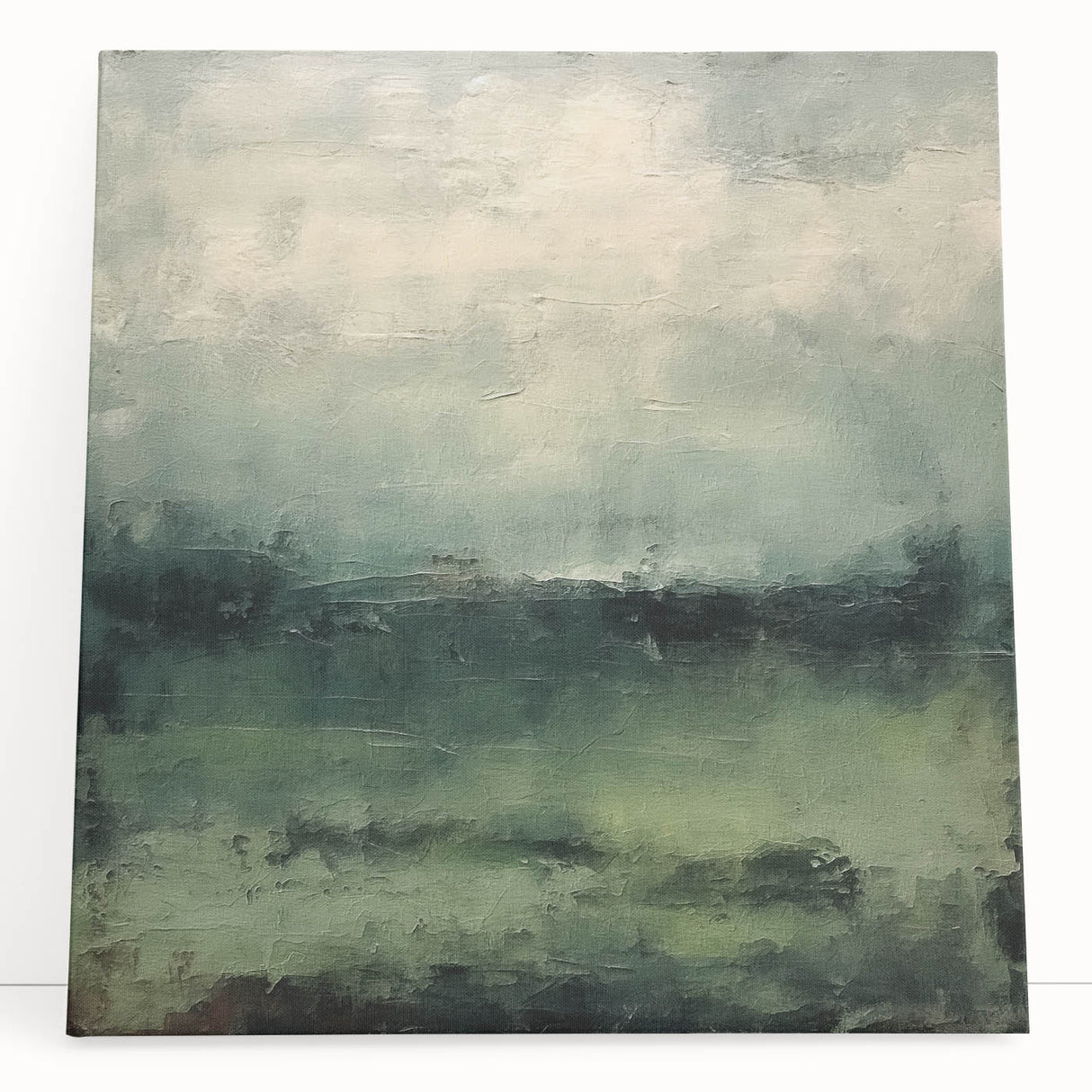 Abstract landscape wall art on stretched canvas, showcasing vibrant colors and textured patterns, perfect for modern home decor. This contemporary piece leans elegantly against a wall, offering an artistic touch to any space.