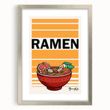 Textured abstract art print featuring assorted food dishes in muted earth tones, framed in silver.