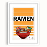 Abstract art print featuring assorted food dishes in muted earth tones on a white framed mat, suitable for dining room decor.