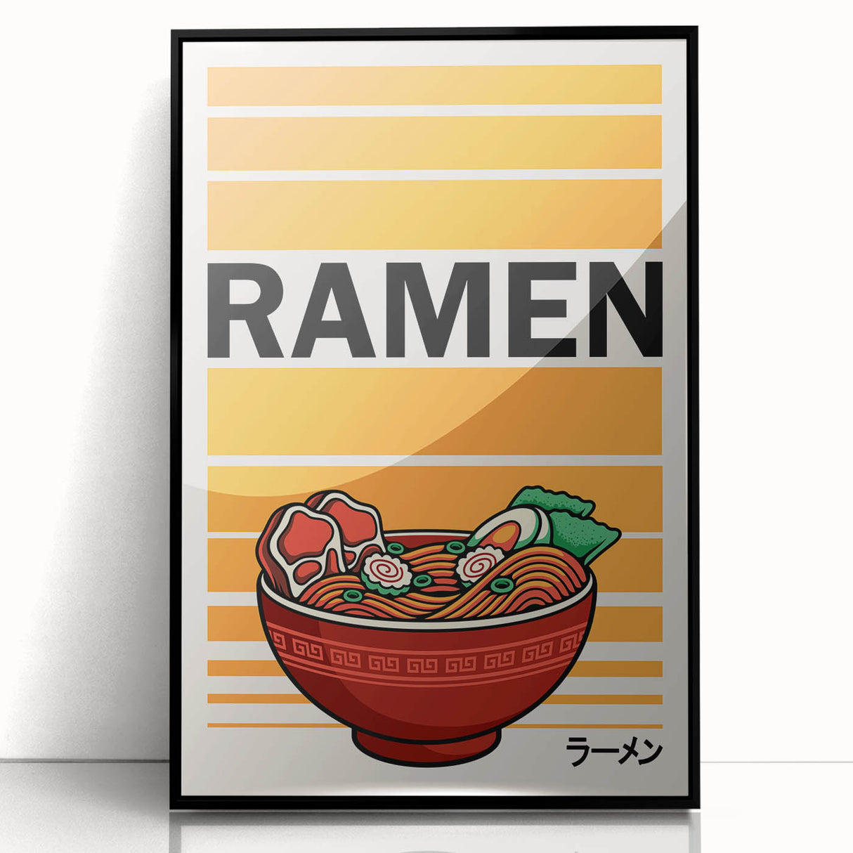 Large abstract wall art featuring assorted food dishes in mid-century modern style, framed in black acrylic.