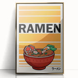 Framed acrylic print of assorted dishes in a mid-century modernist style, featuring gold and earth tones.