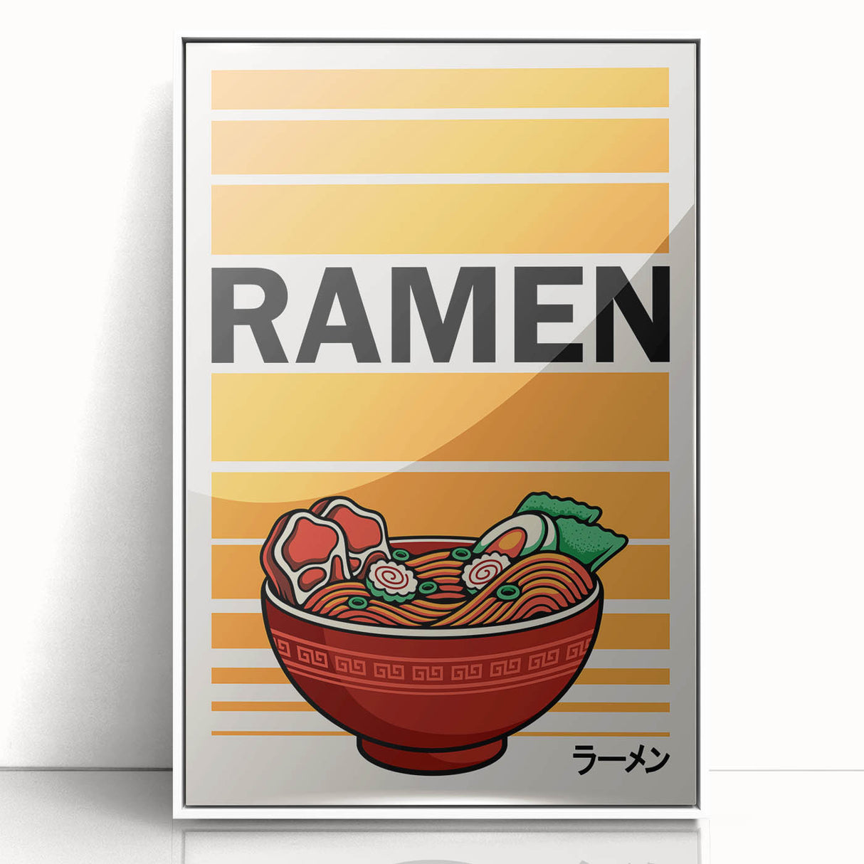 Modern art wall decor featuring an array of food dishes in a minimalist style on a white acrylic framed poster.