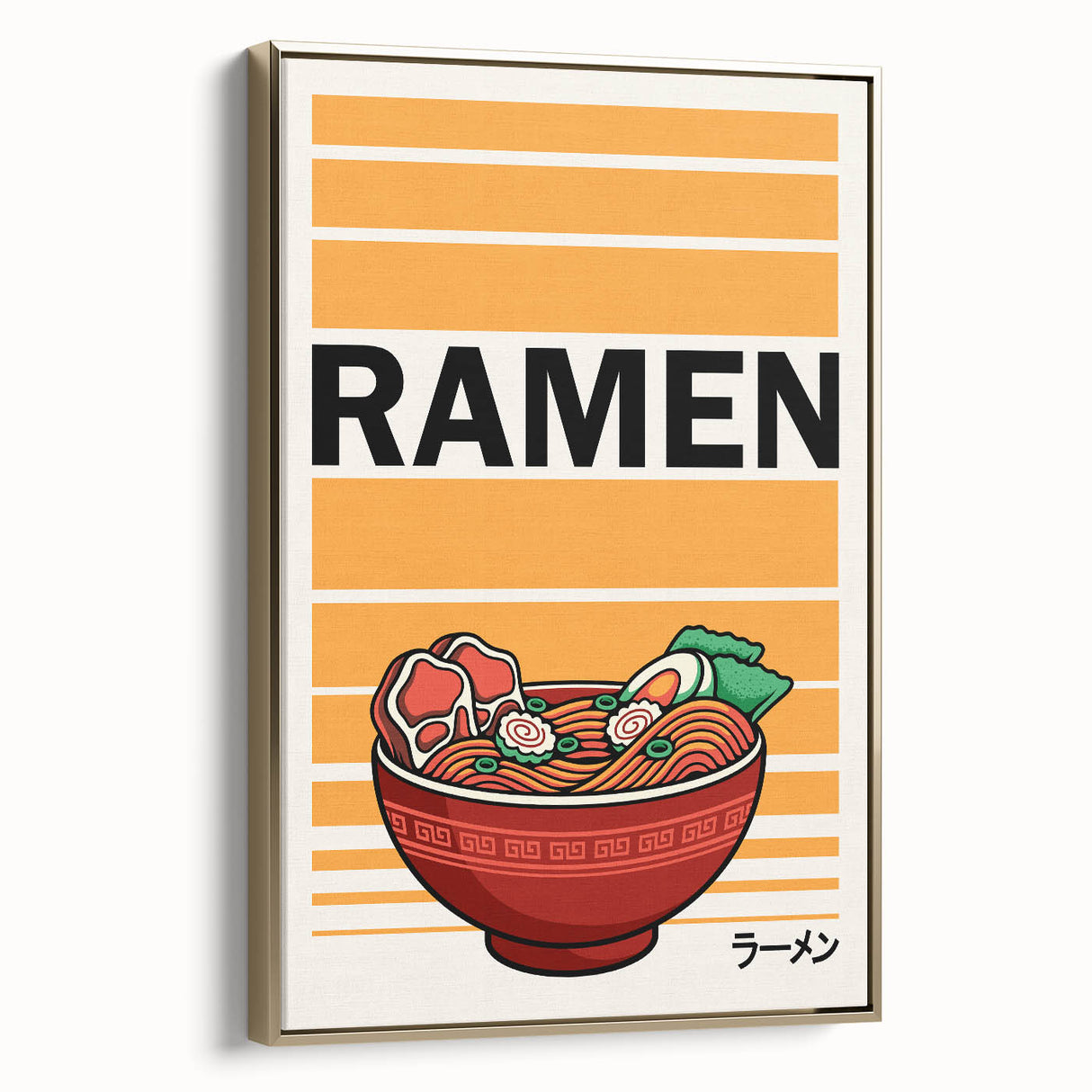 Framed canvas wall art featuring a vintage poster of various food dishes, with a predominant black and gold color scheme.