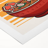 Art deco poster depicting various colorful food dishes on rolled canvas, suitable for dining room wall art.