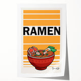 Rolled print of various food dishes in vibrant colors on a white background, suitable as art wall for dining room.