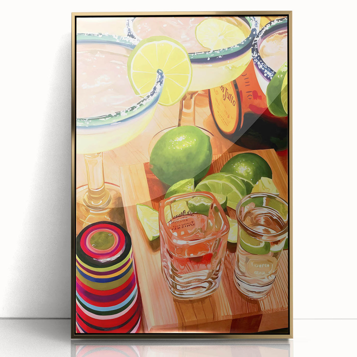Art deco poster featuring geometric patterns and soft gold and white tones on acrylic.