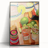 Framed acrylic print of assorted fruits in a mid-century modernist style, featuring muted earth tones.