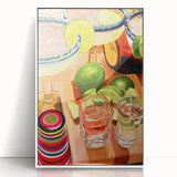 Mid-century modernist art featuring a stylized cocktail, in pastel shades on white acrylic, ideal for modern kitchen decor.