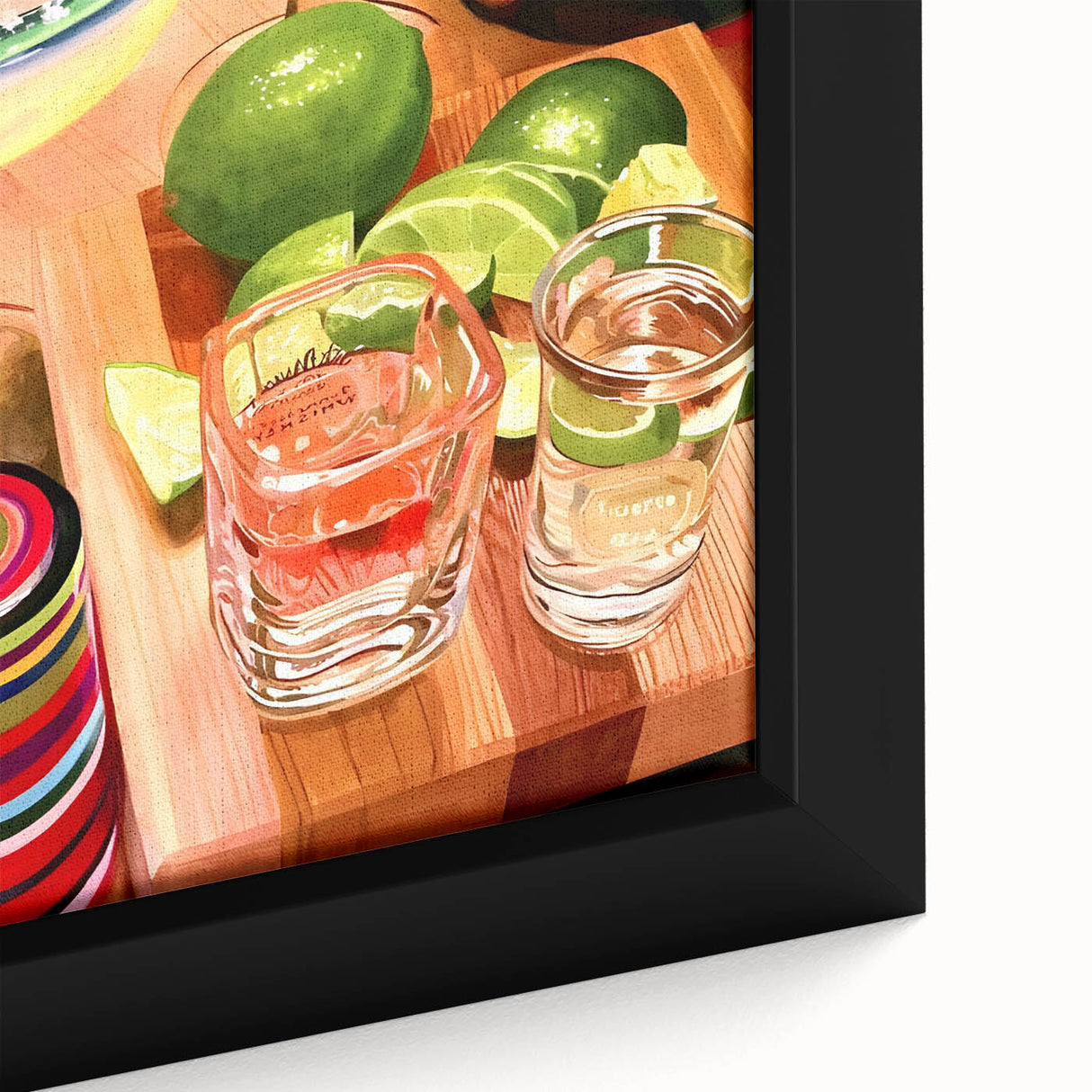 Black wall art featuring a close-up view of colorful, textured food and drinks on a framed canvas.