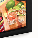 Black wall art featuring a close-up view of colorful, textured food and drinks on a framed canvas.
