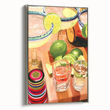 Landscape art painting on framed canvas depicting a vintage poster of colorful, abstract food and drinks.