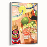 Extra large vintage poster art of assorted cocktails in vibrant colors on a black background, framed canvas.