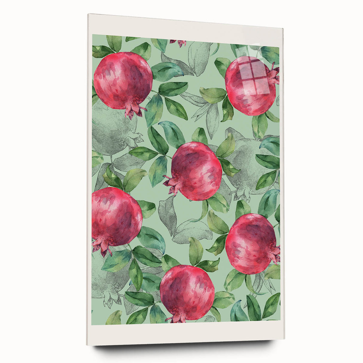 Large abstract wall art featuring assorted fruits in vibrant colors on acrylic glass.