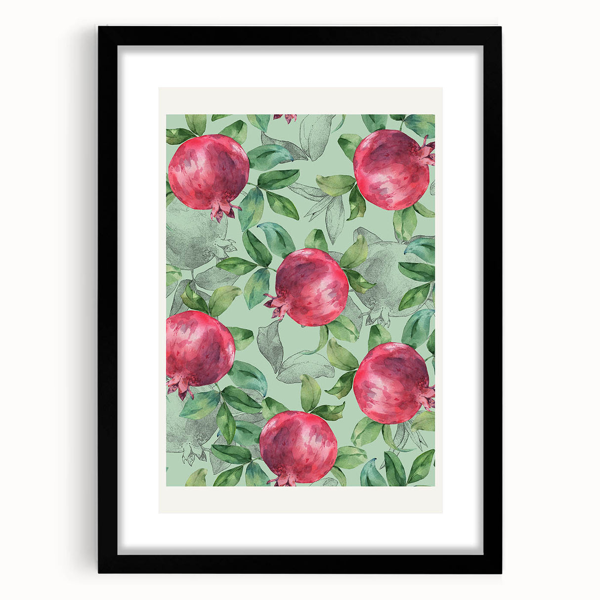 Extra large abstract art print on canvas featuring colorful fruits in a textured style, framed in black.