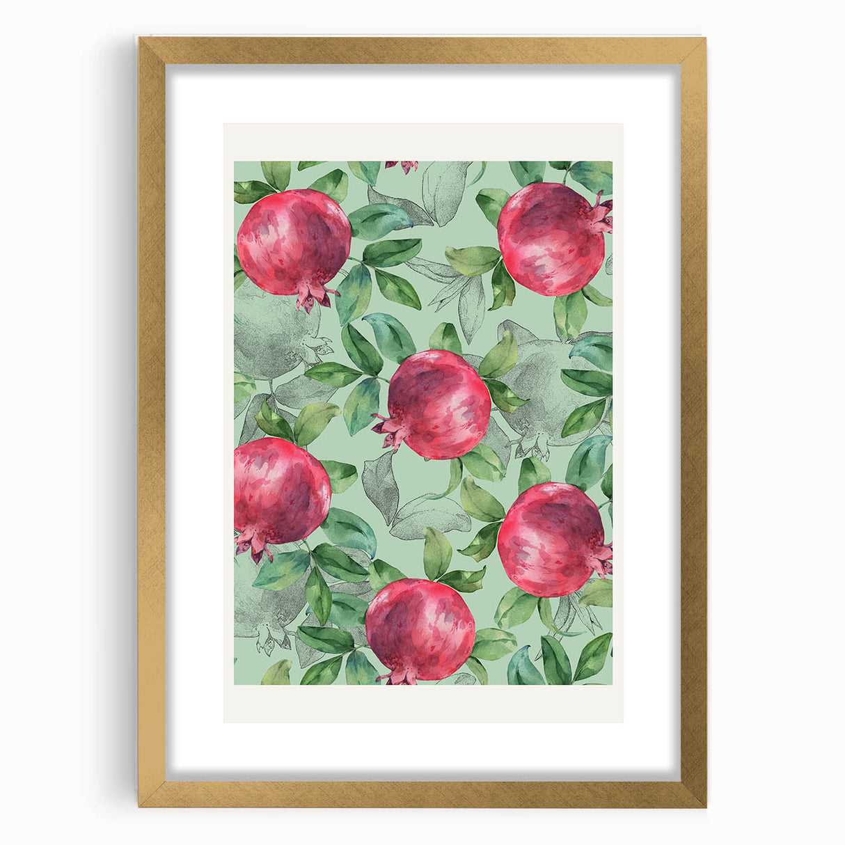 Extra large abstract art print featuring textured fruits in vibrant colors, framed in gold, ideal for living room decor.