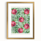 Extra large abstract art print featuring textured fruits in vibrant colors, framed in gold, ideal for living room decor.