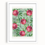 Abstract art print of assorted fruits in vibrant colors, framed with a white mat, suitable for dining room decor.