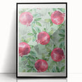 Large abstract wall art featuring assorted fruits in bold colors on a black acrylic framed print.
