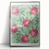 Mid-century modernist art featuring assorted fruits in vibrant colors on a silver-framed acrylic print.