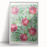 Art deco poster featuring an array of colorful fruits on a white acrylic framed print, suitable for modern kitchen decor.