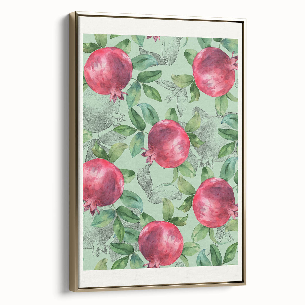 Framed canvas featuring a vintage poster art of assorted fruits in a landscape format, with a black background.