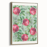 Framed canvas featuring a vintage poster art of assorted fruits in a landscape format, with a black background.