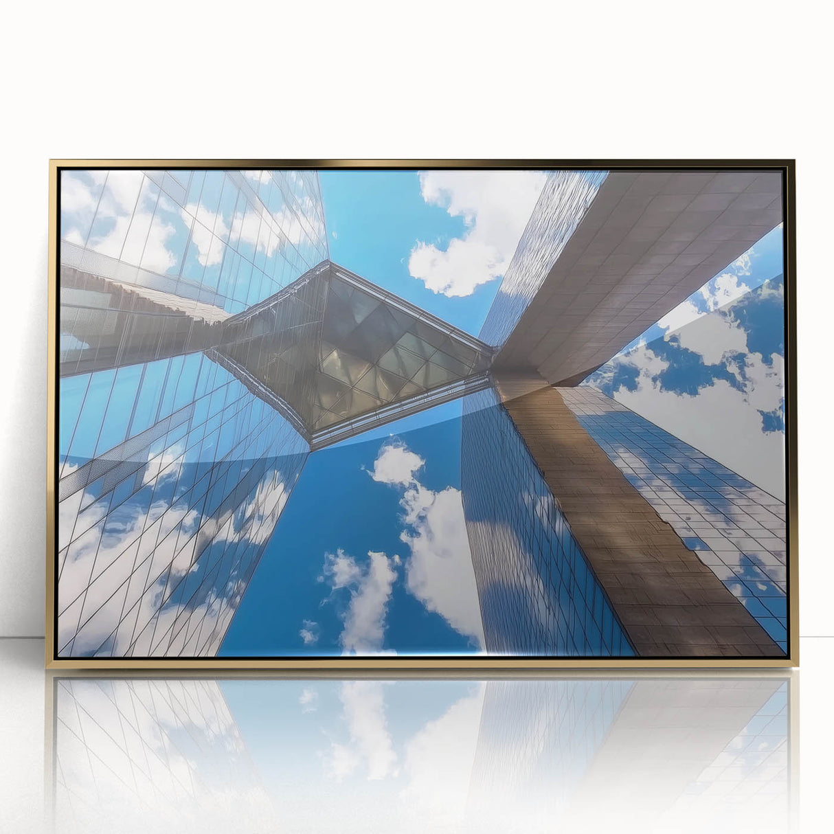 Framed acrylic artwork showcasing a stunning landscape bridge with golden accents, set against a serene natural backdrop, perfect for home decor enthusiasts.