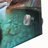 Close-up of a vibrant acrylic glass artwork depicting a stunning canyon landscape, showcasing rich earth tones and intricate details, ideal for modern home decor.