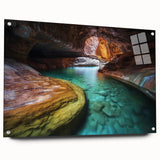 Acrylic landscape artwork showcasing vibrant canyons in rich colors, displayed in a side view with decorative pins, perfect for modern home decor or art enthusiasts.