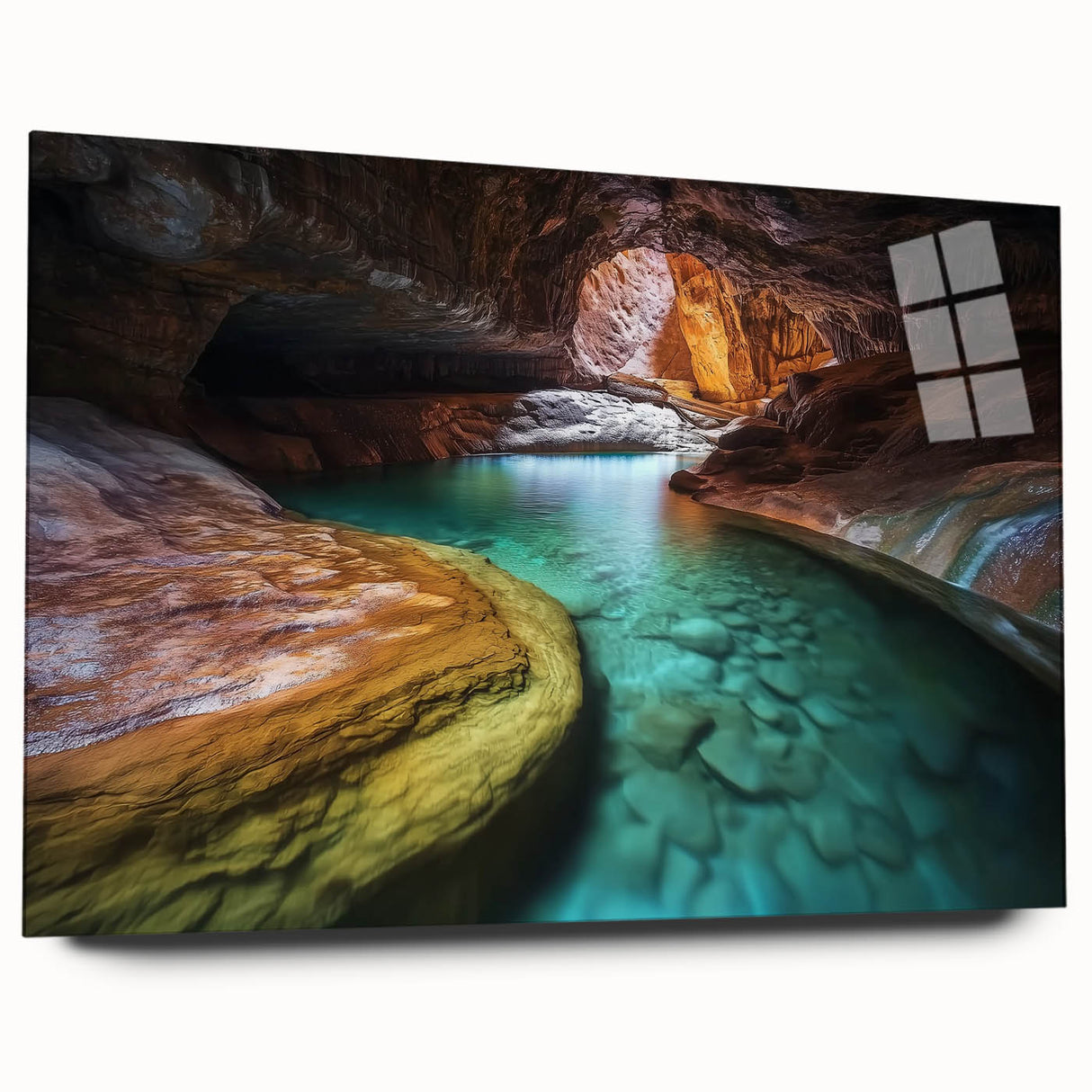 Vibrant acrylic glass landscape artwork of canyons displayed from a side view, showcasing rich earthy tones and intricate details that enhance any modern decor.