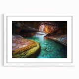 Landscape artwork featuring canyons framed with a white mat, showcasing vibrant earthy tones and intricate details, ideal for home decor and nature enthusiasts.