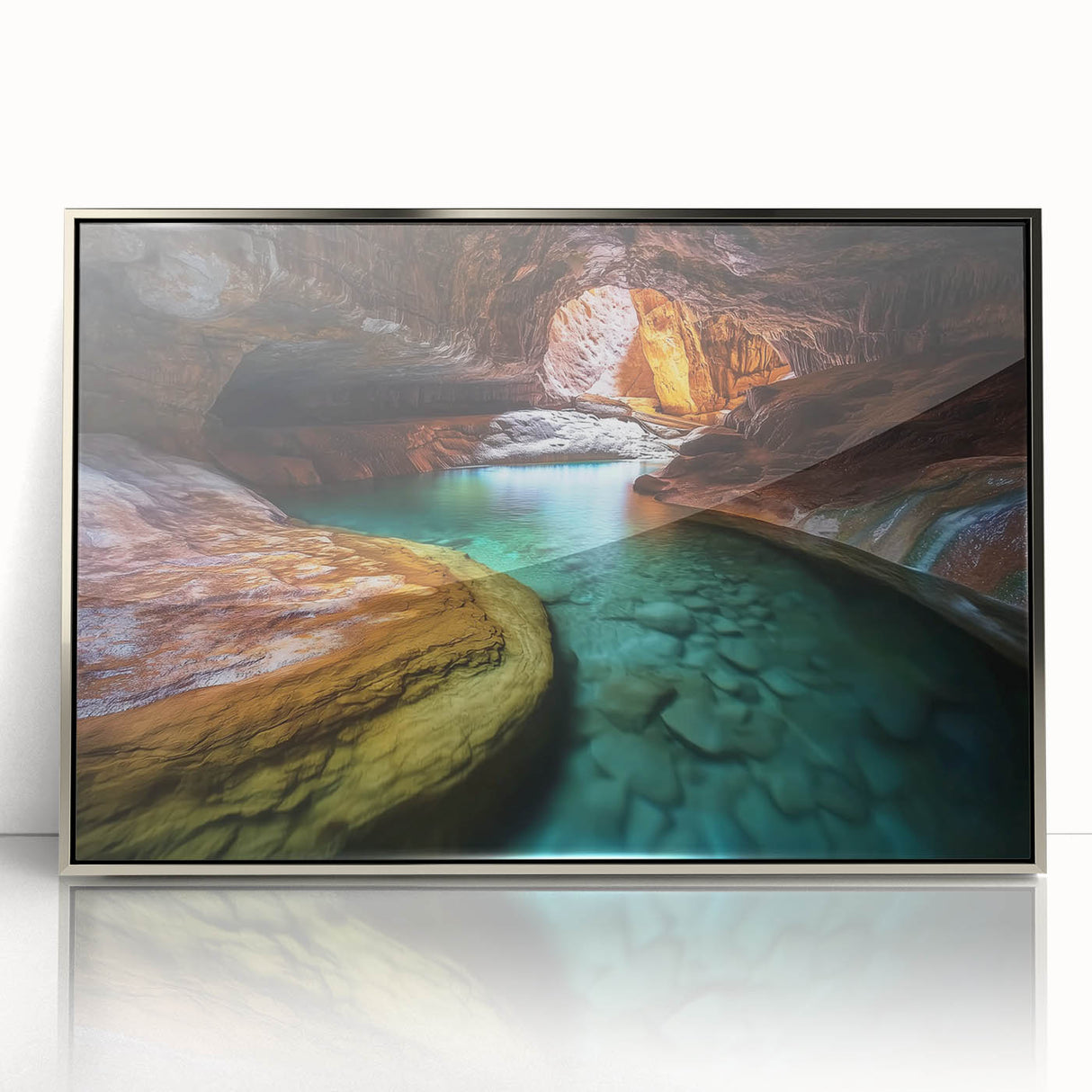 Framed acrylic artwork depicting a stunning landscape of canyons in vibrant colors, showcasing intricate details and textures, ideal for modern home decor.