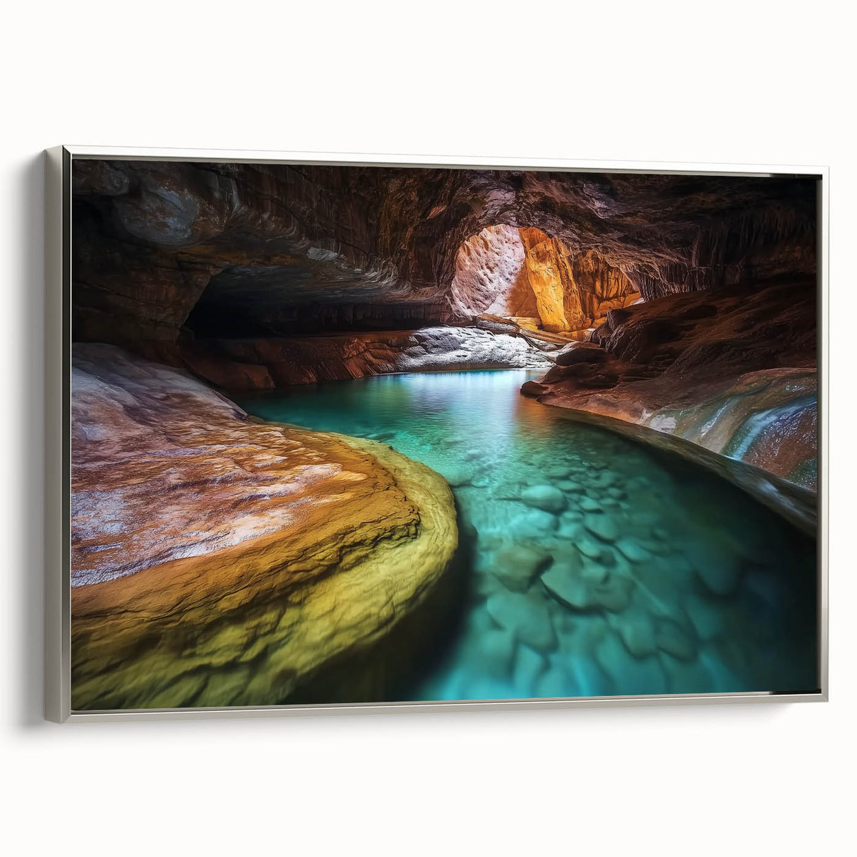 Framed canvas artwork showcasing a stunning landscape of majestic canyons, featuring rich earth tones and intricate details, displayed from a side view with a sleek silver frame, ideal for enhancing any modern decor.