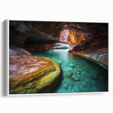 Framed canvas artwork depicting a stunning landscape of canyons, featuring rich earthy tones and intricate textures, ideal for enhancing modern home decor.