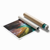 Vibrant rolled canvas print depicting a majestic landscape of canyons under a clear blue sky, showcasing rich earthy tones and dramatic rock formations, ideal for home decor.