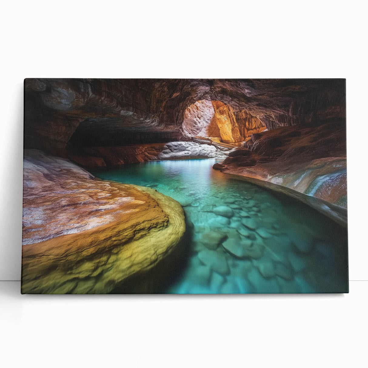 Stretched canvas artwork depicting a vibrant landscape of colorful canyons, showcasing rich earth tones and dynamic textures, perfect for home decor.